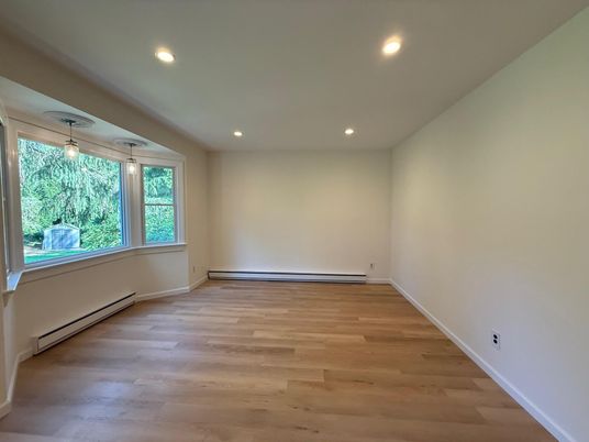 Empty room, Interior, Pendant Lights, Recessed Lighting, Wood Texture Flooring