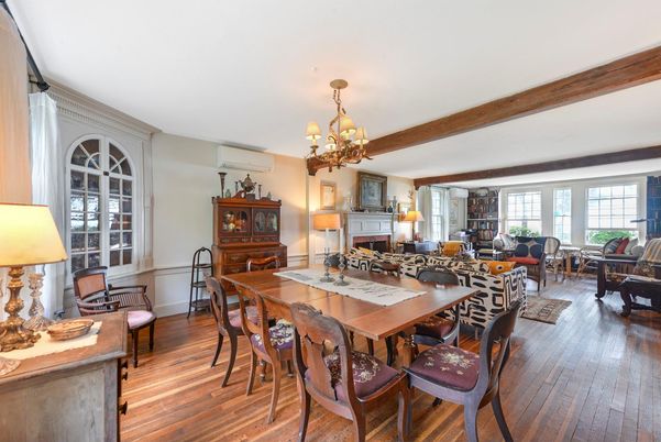 Chandelier, Dining room, Fireplace, Interior, Living room, Wood Texture Flooring