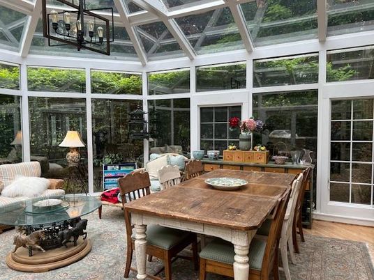 Chandelier, Dining room, Glass Ceilings, Interior, Sun Room, Wood Texture Flooring