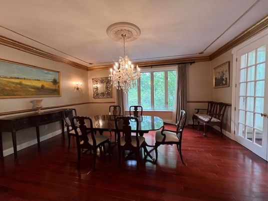 Chandelier, Dining room, Interior, Wood Texture Flooring