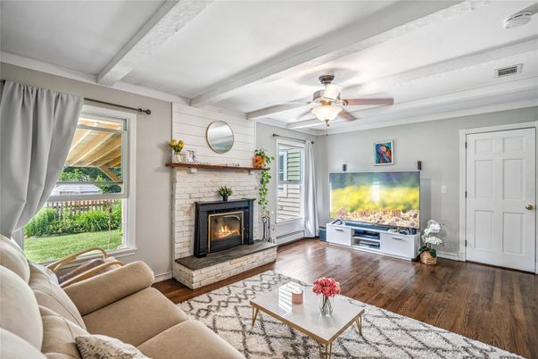 Fireplace, Interior, Living room, Stone Walls, Wood Texture Flooring