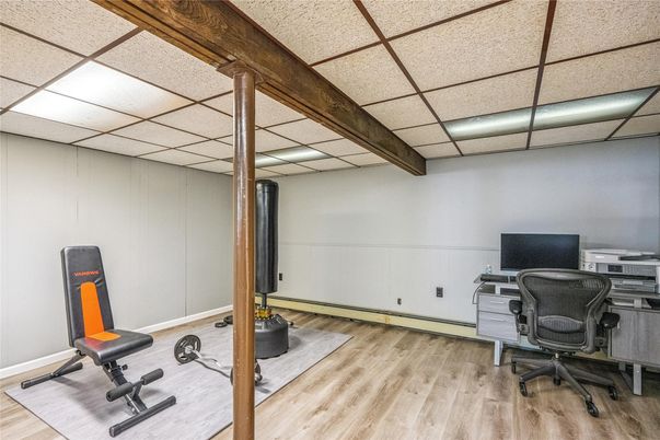 Fitness Equipment, Home Office, Interior, Recessed Lighting, Wooden Beams, Wood Texture Flooring