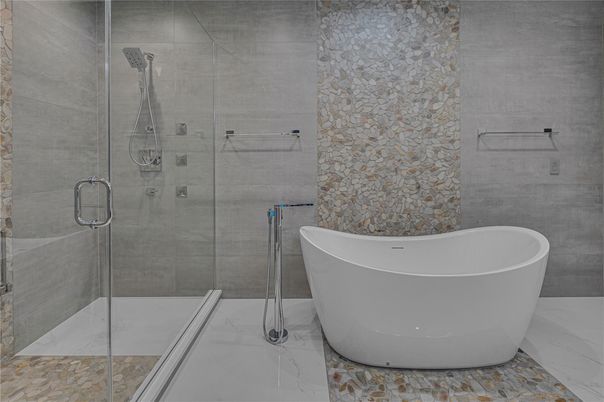 Bathroom, Free Standing Baths, Glass Shower, Interior, Marble Walls