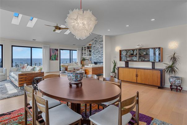 Chandelier, Dining room, Interior, Living room, Recessed Lighting, Water, Wood Texture Flooring