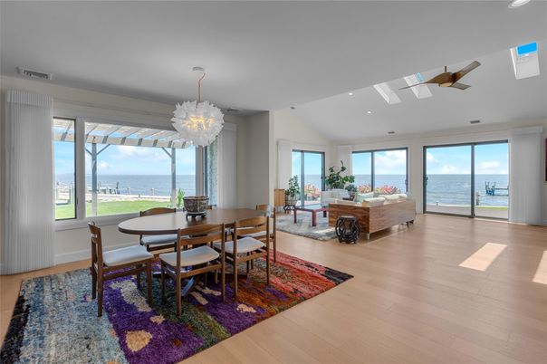 Dining room, Interior, Living room, Pendant Lights, Water, Wood Texture Flooring