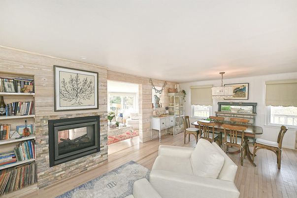 Dining room, Fireplace, Interior, Living room, Pendant Lights, Stone Walls, Wood Texture Flooring