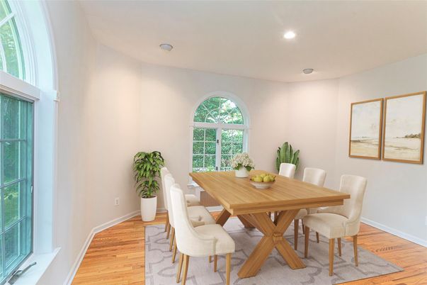 Dining room, Interior, Recessed Lighting, Wood Texture Flooring