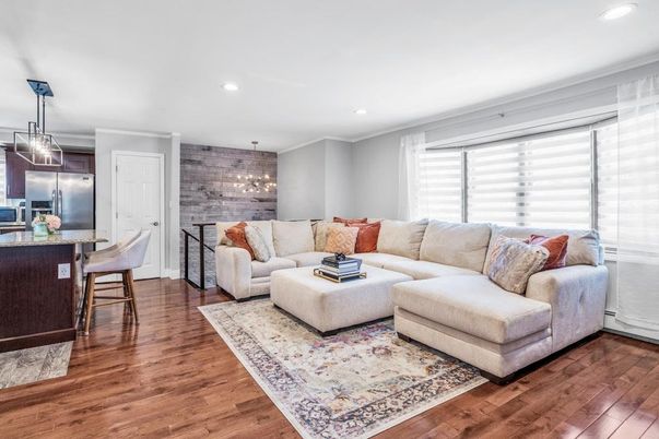 Interior, Kitchen, Living room, Pendant Lights, Recessed Lighting, Stainless Steel Appliances, Stone Walls, Wood Texture Flooring