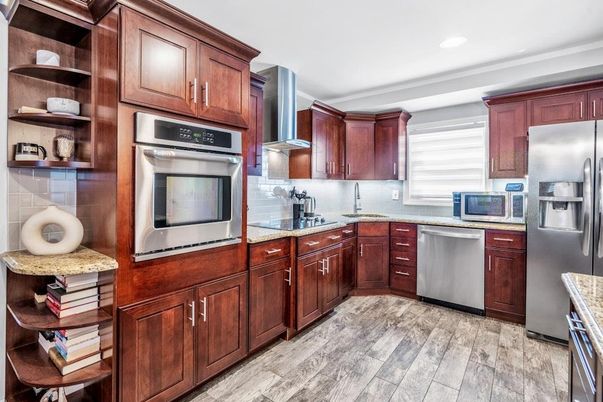 Interior, Kitchen, Recessed Lighting, Stainless Steel Appliances, Wood Texture Flooring