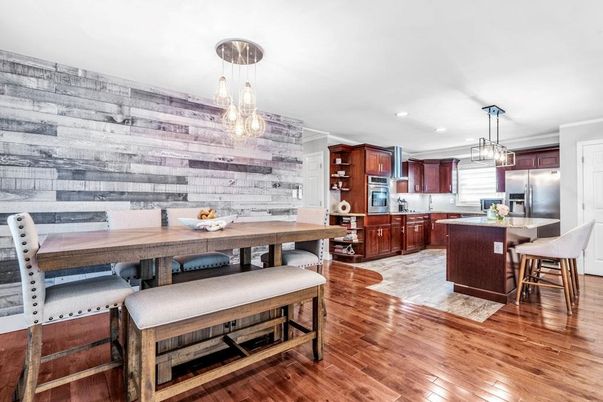 Dining room, Interior, Kitchen, Pendant Lights, Recessed Lighting, Stainless Steel Appliances, Wood Texture Flooring