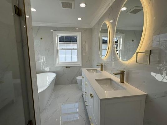 Bathroom, Dual Sink Vanities, Free Standing Baths, Interior, Marble, Marble Walls, Recessed Lighting