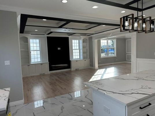 Interior, Kitchen, Marble, Pendant Lights, Recessed Lighting, Wood Texture Flooring