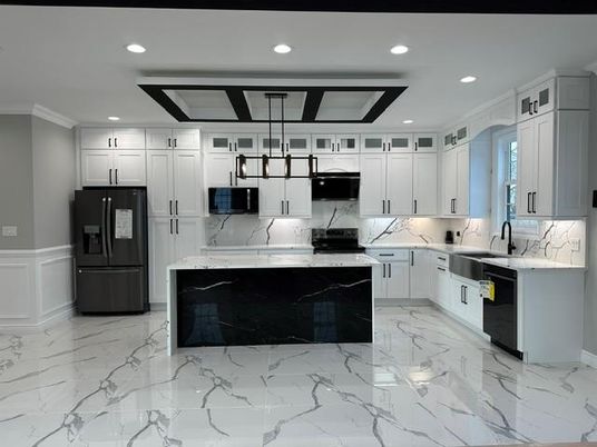 Interior, Kitchen, Marble, Marble Walls, Pendant Lights, Recessed Lighting, Stainless Steel Appliances