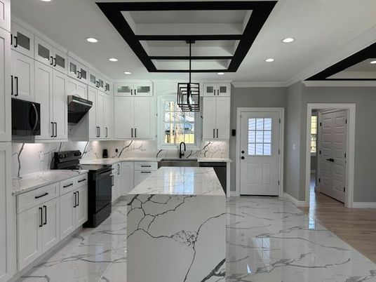 Interior, Kitchen, Marble, Pendant Lights, Recessed Lighting, Wood Texture Flooring
