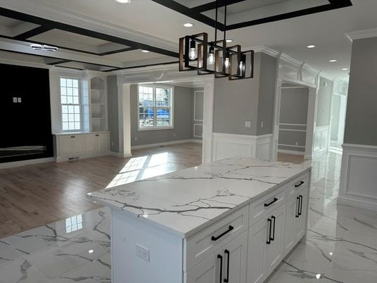 Interior, Kitchen, Marble, Pendant Lights, Recessed Lighting, Wood Texture Flooring