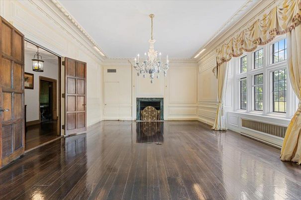 Chandelier, Empty room, Fireplace, Interior, Wood Texture Flooring