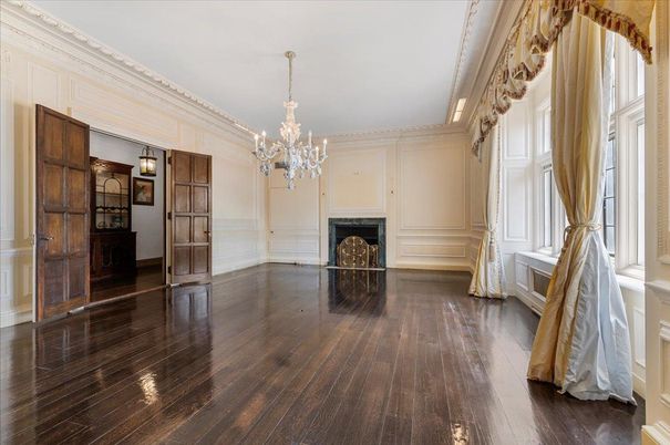 Chandelier, Empty room, Fireplace, Interior, Wood Texture Flooring