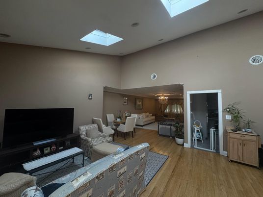 Dining room, Interior, Living room, Recessed Lighting, Wood Texture Flooring