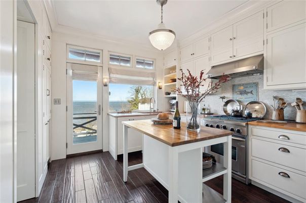 Interior, Kitchen, Pendant Lights, Stainless Steel Appliances, Water, Wood Texture Flooring
