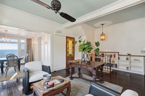 Dining room, Interior, Pendant Lights, Water, Wood Texture Flooring