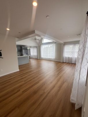 Empty room, Interior, Kitchen, Recessed Lighting, Wood Texture Flooring