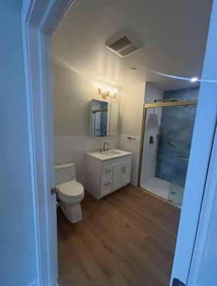 Bathroom, Glass Shower, Interior, Recessed Lighting, Wood Texture Flooring
