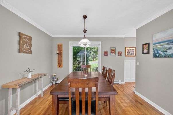 Dining room, Interior, Pendant Lights, Wood Texture Flooring