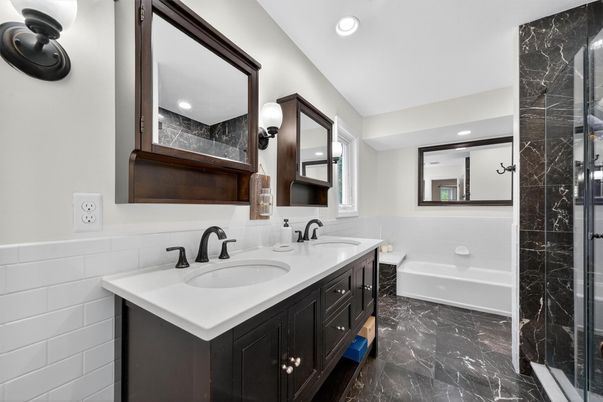 Bathroom, Dual Sink Vanities, Interior, Marble, Marble Walls, Recessed Lighting