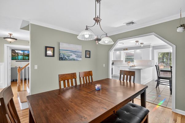 Dining room, Interior, Pendant Lights, Wood Texture Flooring