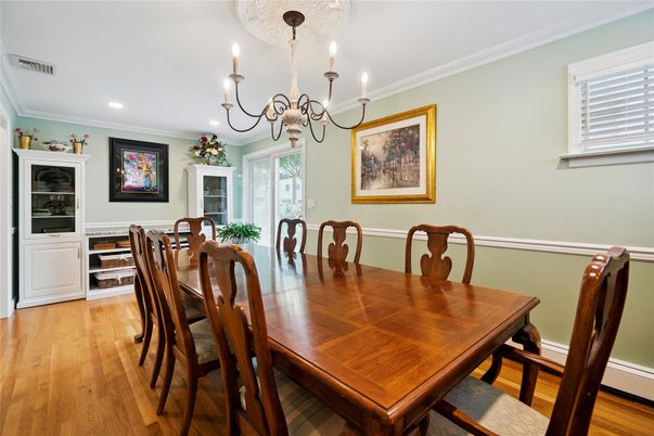 Chandelier, Dining room, Fireplace, Interior, Recessed Lighting, Wood Texture Flooring