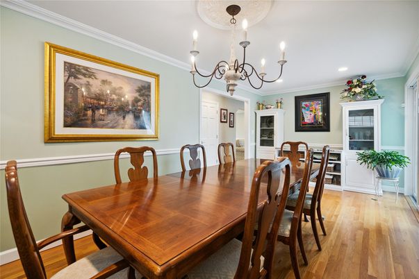 Chandelier, Dining room, Fireplace, Interior, Recessed Lighting, Wood Texture Flooring