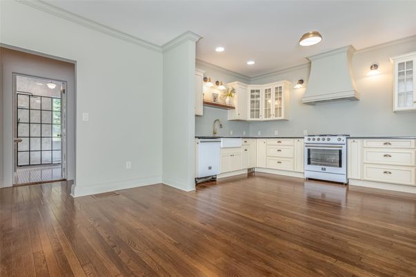 Empty room, Interior, Kitchen, Recessed Lighting, Wood Texture Flooring