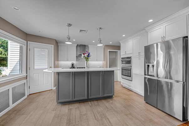 Interior, Kitchen, Pendant Lights, Recessed Lighting, Stainless Steel Appliances, Wood Texture Flooring