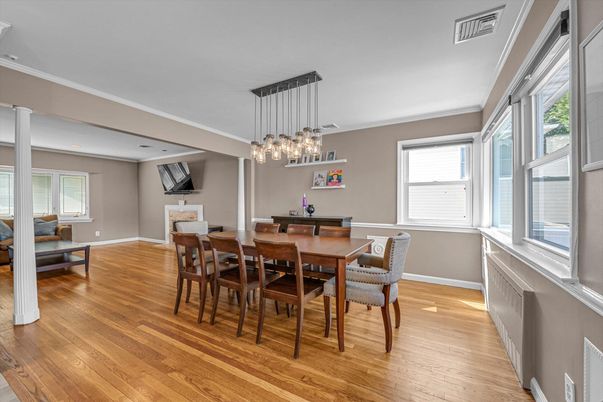 Dining room, Interior, Pendant Lights, Wood Texture Flooring