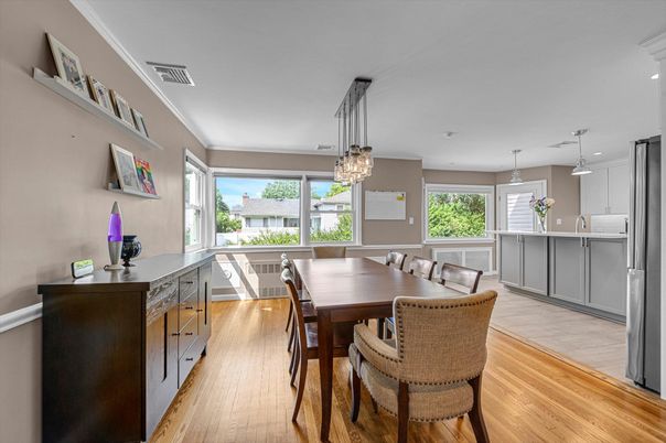 Dining room, Interior, Pendant Lights, Recessed Lighting, Wood Texture Flooring