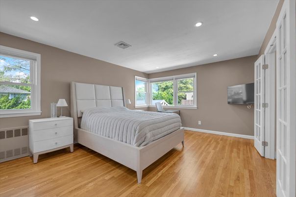 Bedroom, Interior, Recessed Lighting, Wood Texture Flooring