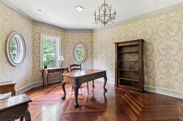 Chandelier, Home Office, Interior, Recessed Lighting, Wood Texture Flooring