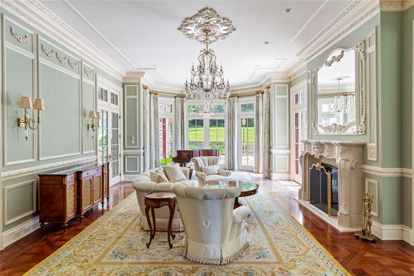 Chandelier, Fireplace, Interior, Living room, Recessed Lighting, Wood Texture Flooring