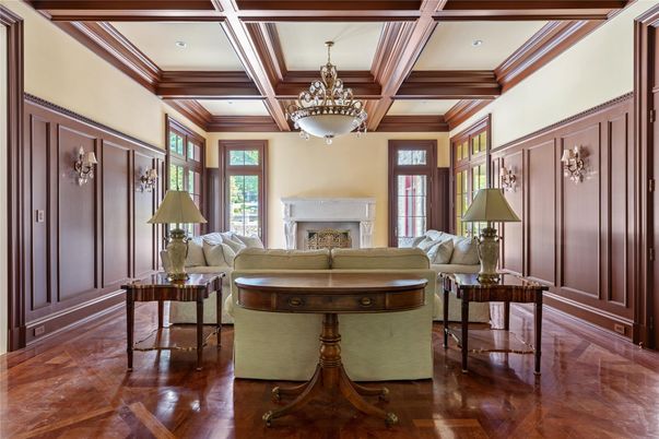 Chandelier, Fireplace, Interior, Living room, Recessed Lighting, Wooden Beams, Wood Texture Flooring