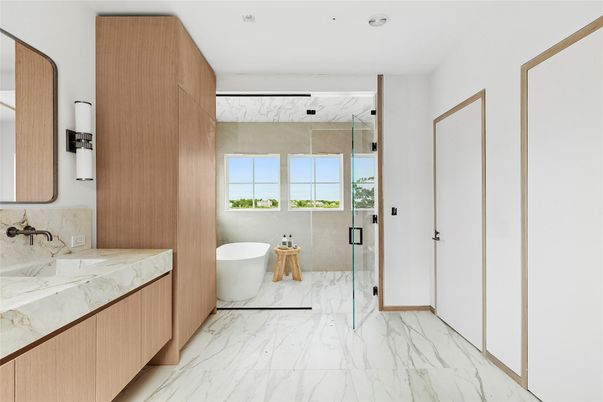 Bathroom, Free Standing Baths, Glass Shower, Interior, Marble, Marble Walls, Recessed Lighting