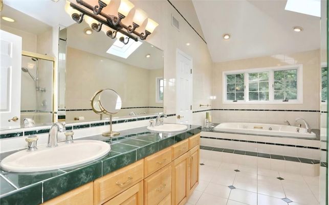 Bathroom, Dual Sink Vanities, Interior, Recessed Lighting, Tile Countertops