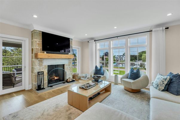 Fireplace, Interior, Living room, Recessed Lighting, Wood Texture Flooring