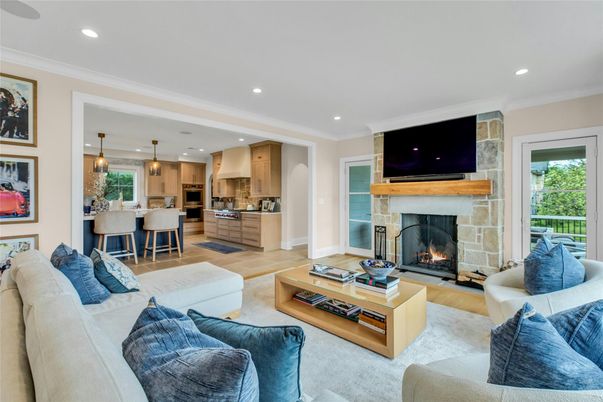 Fireplace, Interior, Kitchen, Living room, Pendant Lights, Recessed Lighting, Wood Texture Flooring