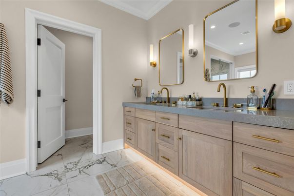 Bathroom, Dual Sink Vanities, Interior, Marble, Recessed Lighting