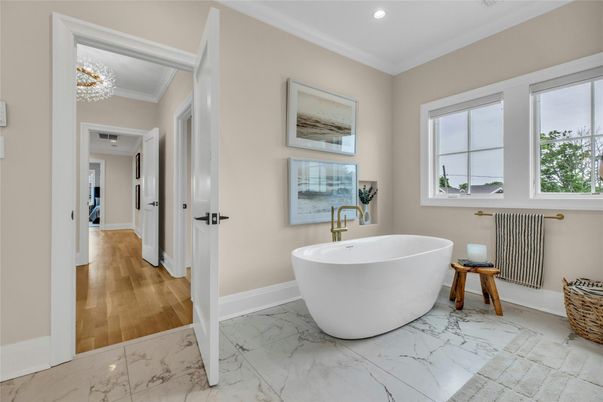 Bathroom, Chandelier, Free Standing Baths, Interior, Marble, Recessed Lighting, Wood Texture Flooring