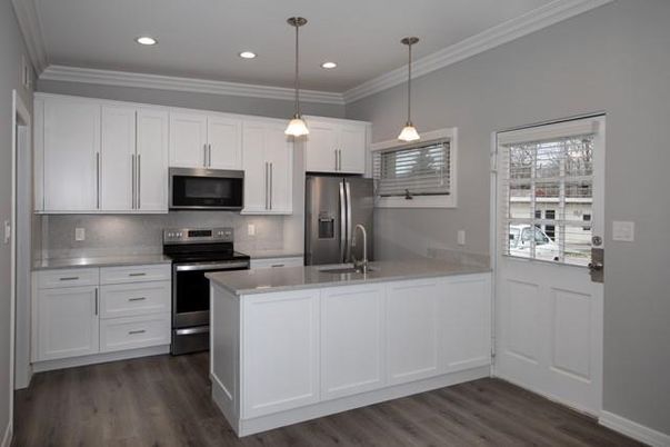 Interior, Kitchen, Pendant Lights, Recessed Lighting, Stainless Steel Appliances, Wood Texture Flooring