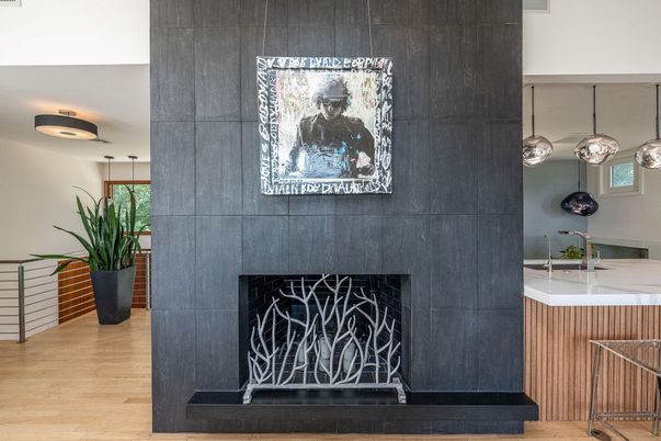 Fireplace, Interior, Pendant Lights, Wood Texture Flooring