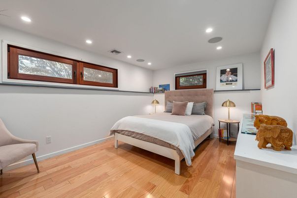 Bedroom, Interior, Recessed Lighting, Wood Texture Flooring