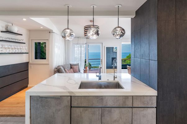 Interior, Kitchen, Pendant Lights, Recessed Lighting, Water, Wood Texture Flooring