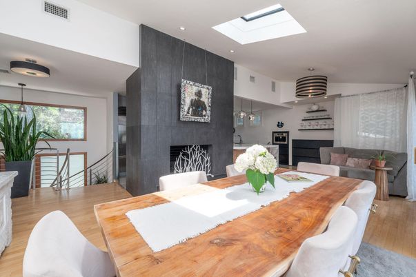 Dining room, Fireplace, Interior, Recessed Lighting, Wood Texture Flooring